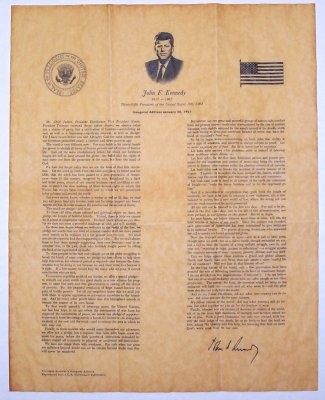 John F Kennedy Inaugural Address antiqued parchment replica document